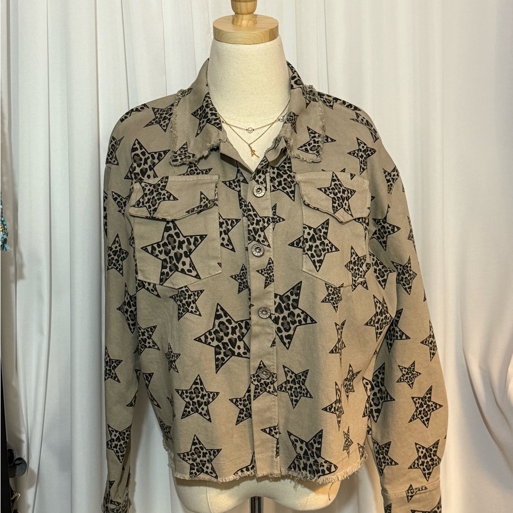 Tan and Black Star Print Jean Jacket